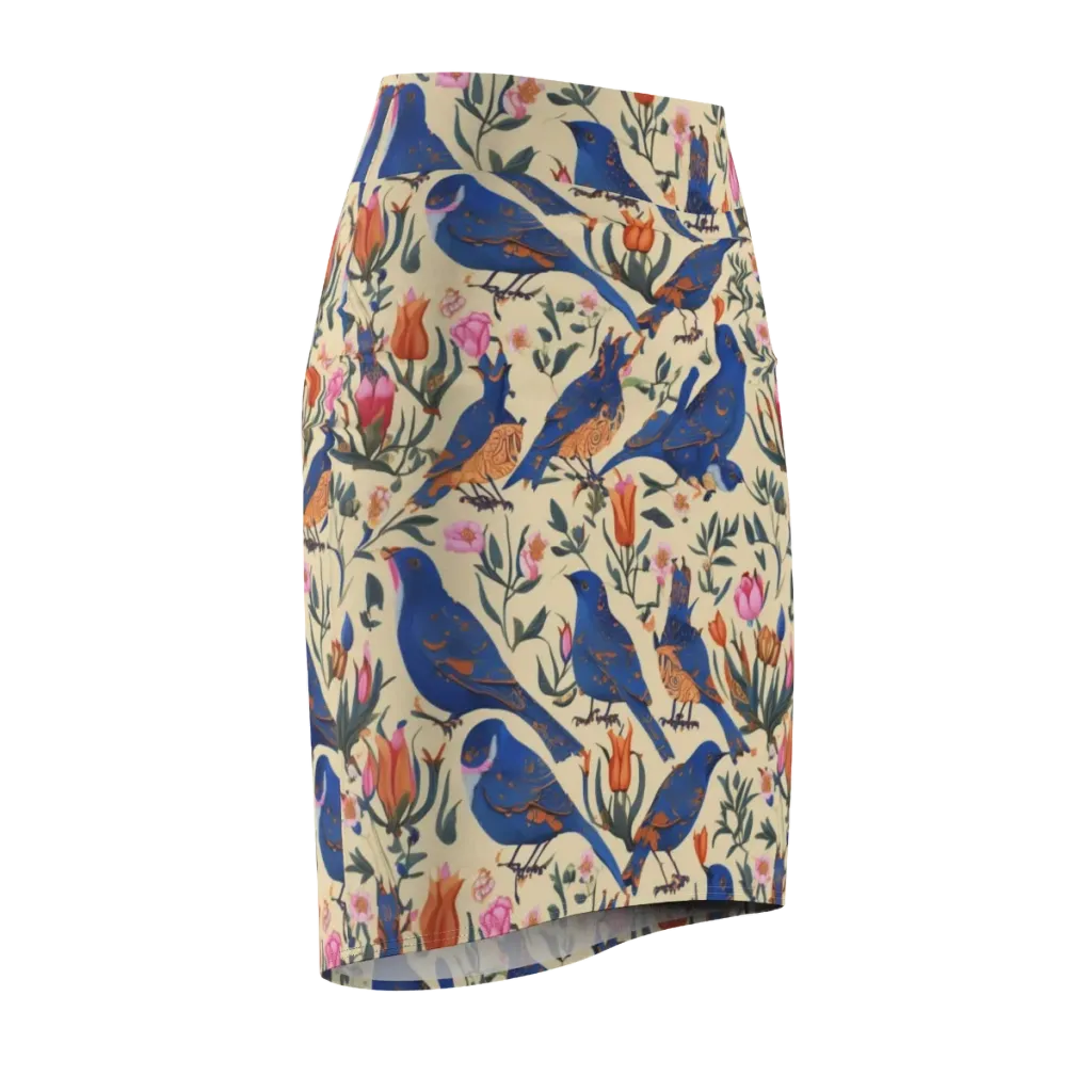 Cobalt Songbirds on Pencil Skirt — Front Side
