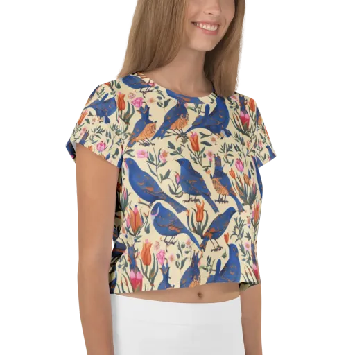 Cobalt Songbirds on a Crop Tee