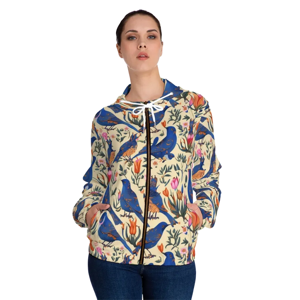 Cobalt Songbirds on Women's Full-Zip Hoodie — Front On Person