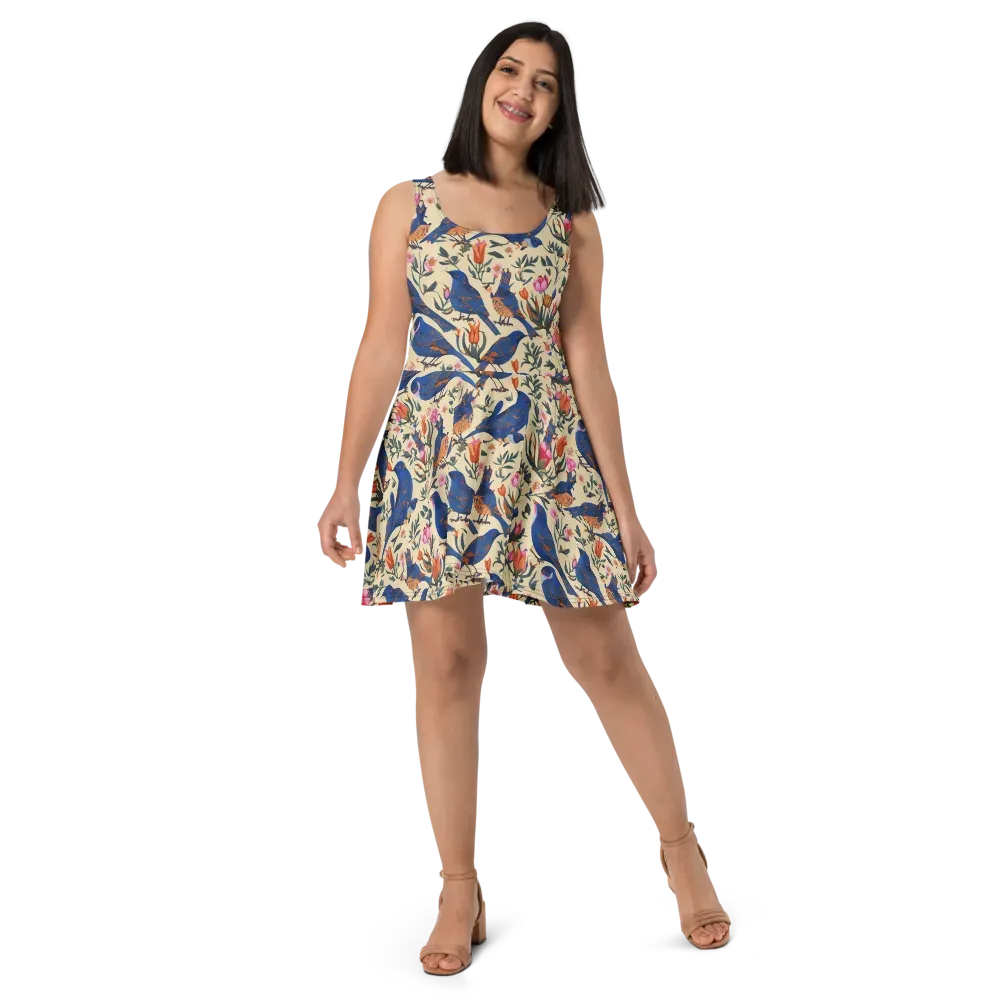 Cobalt Songbirds on Skater Dress — Front