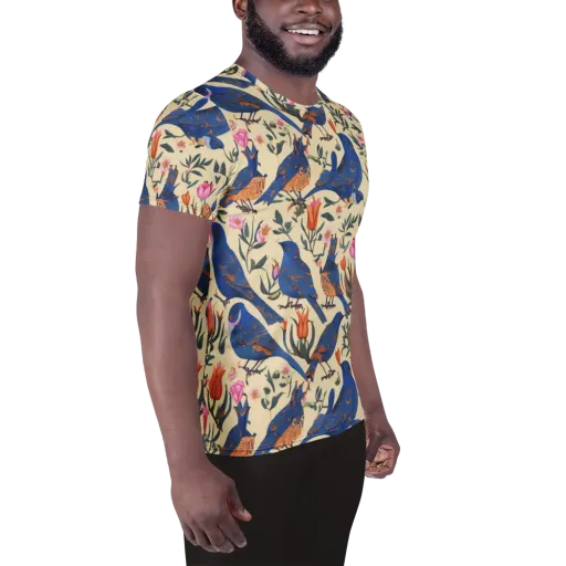 Cobalt Songbirds on a Men's Athletic T-Shirt