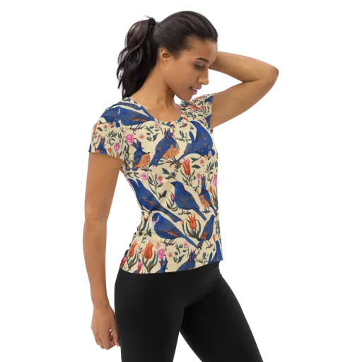 Cobalt Songbirds on a Women's Athletic T-Shirt