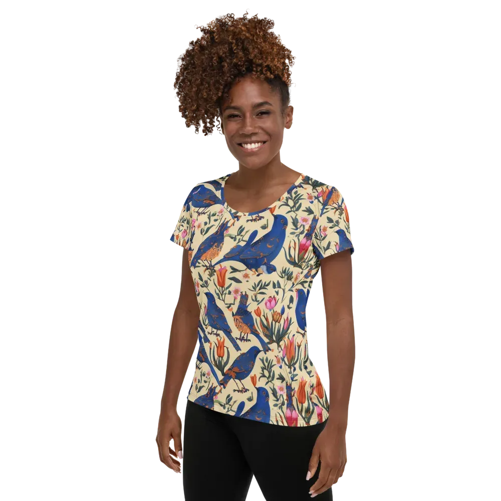 Cobalt Songbirds on Women's Athletic T-Shirt — Left