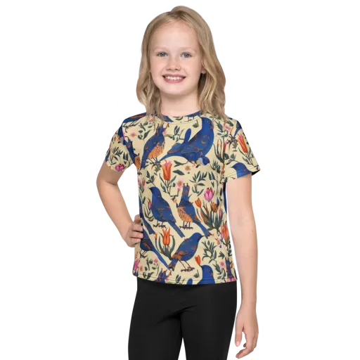 Cobalt Songbirds on a Kids Crew Neck T-Shirt