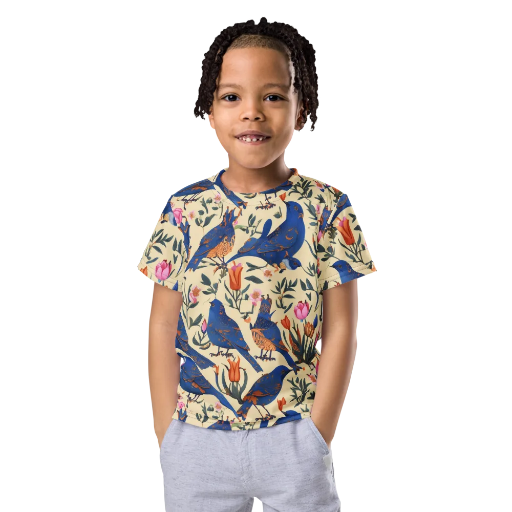 Cobalt Songbirds on Kids Crew Neck T-Shirt — Front