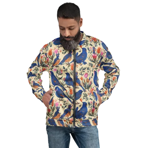Cobalt Songbirds on a Bomber Jacket