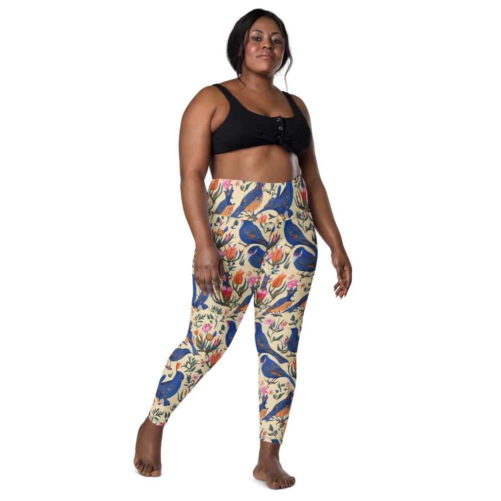 Cobalt Songbirds on Leggings with Pockets — Front