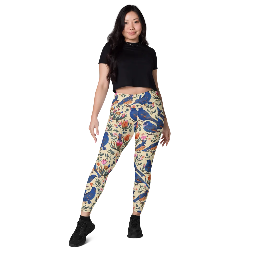 Cobalt Songbirds on Leggings with Pockets — Front