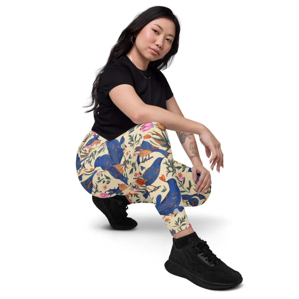 Cobalt Songbirds on Leggings with Pockets — Right Front