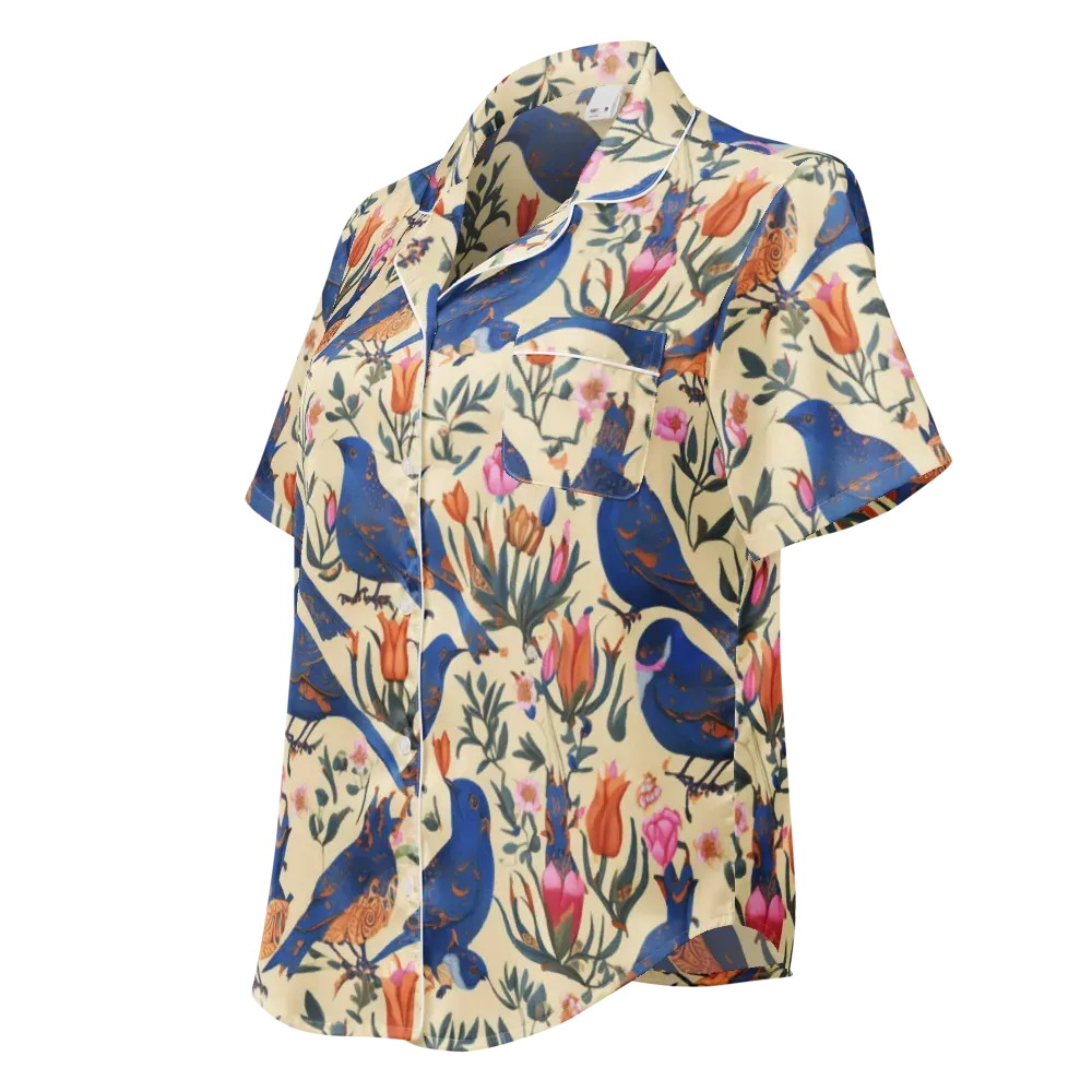 Cobalt Songbirds on Women's Short Sleeve Pajama Top — Left Front