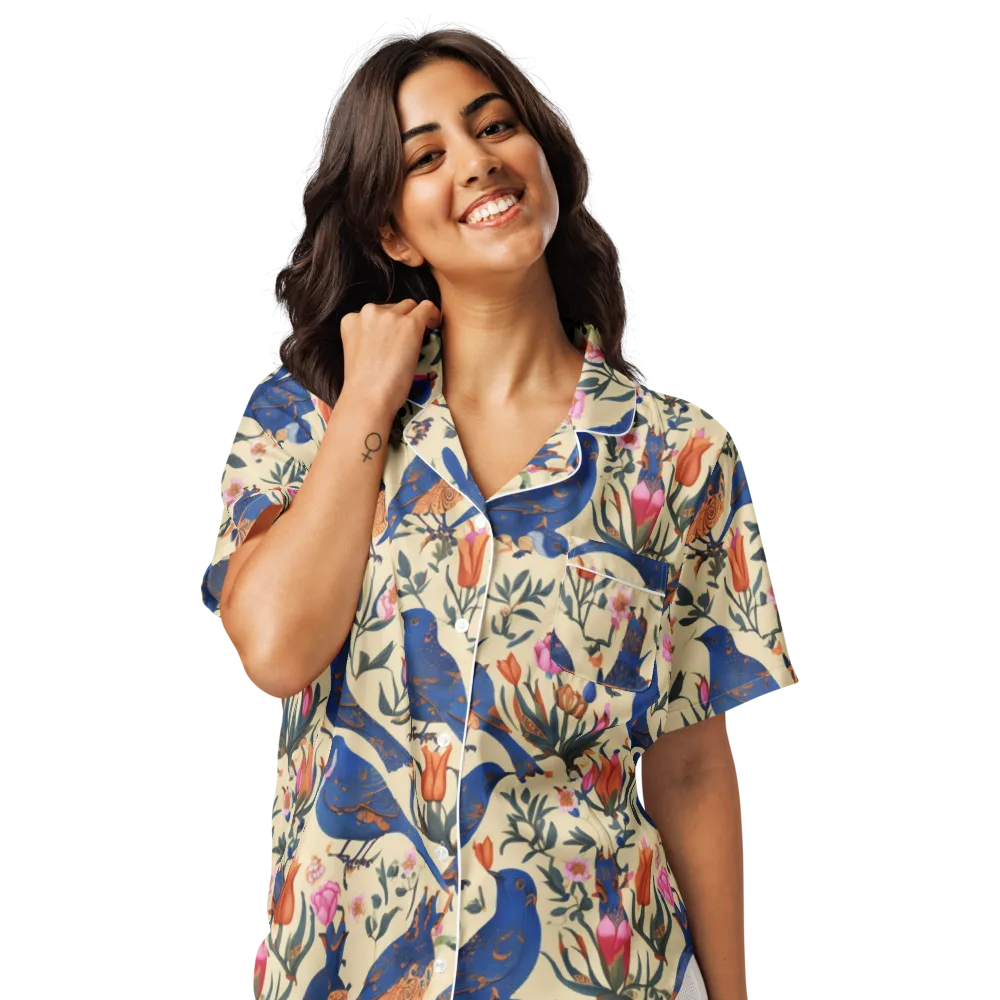 Cobalt Songbirds on Women's Short Sleeve Pajama Top — Front
