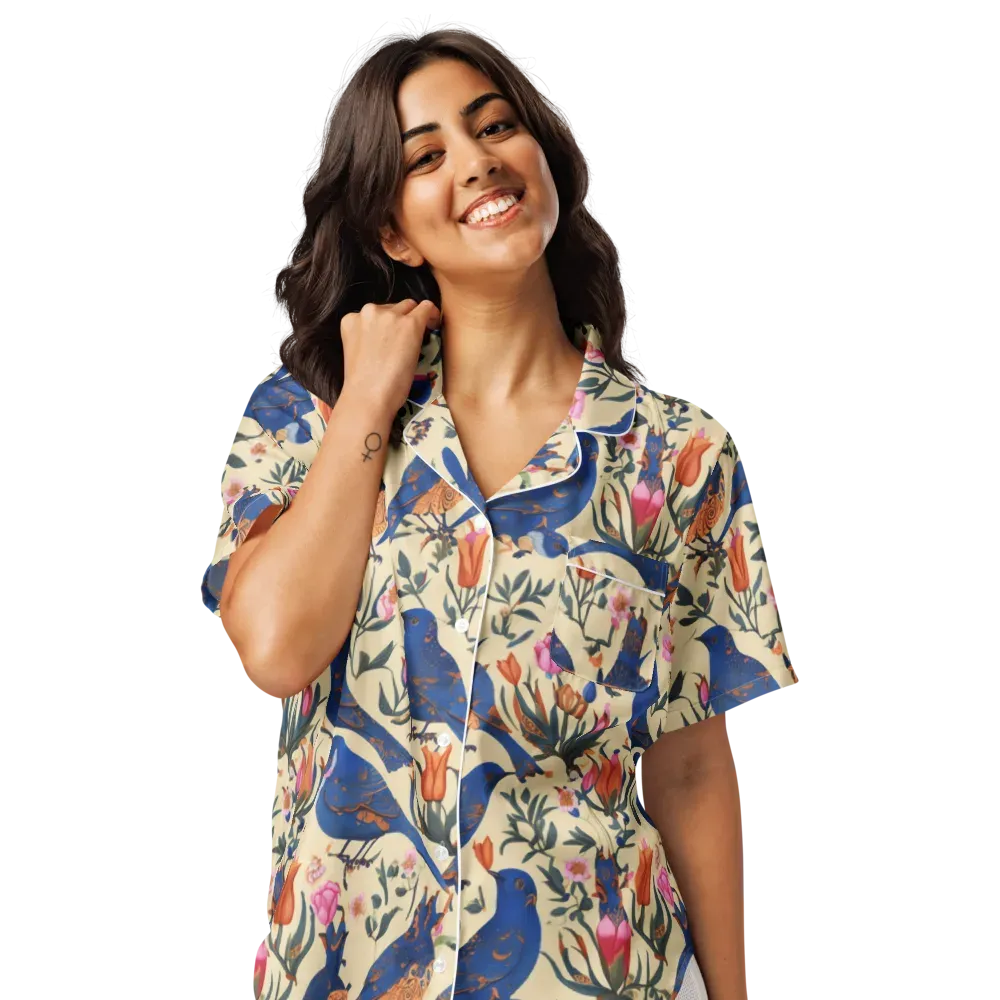 Cobalt Songbirds on Women's Short Sleeve Pajama Top — Front