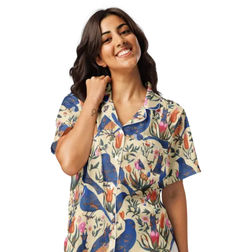 Cobalt Songbirds on a Women's Short Sleeve Pajama Top