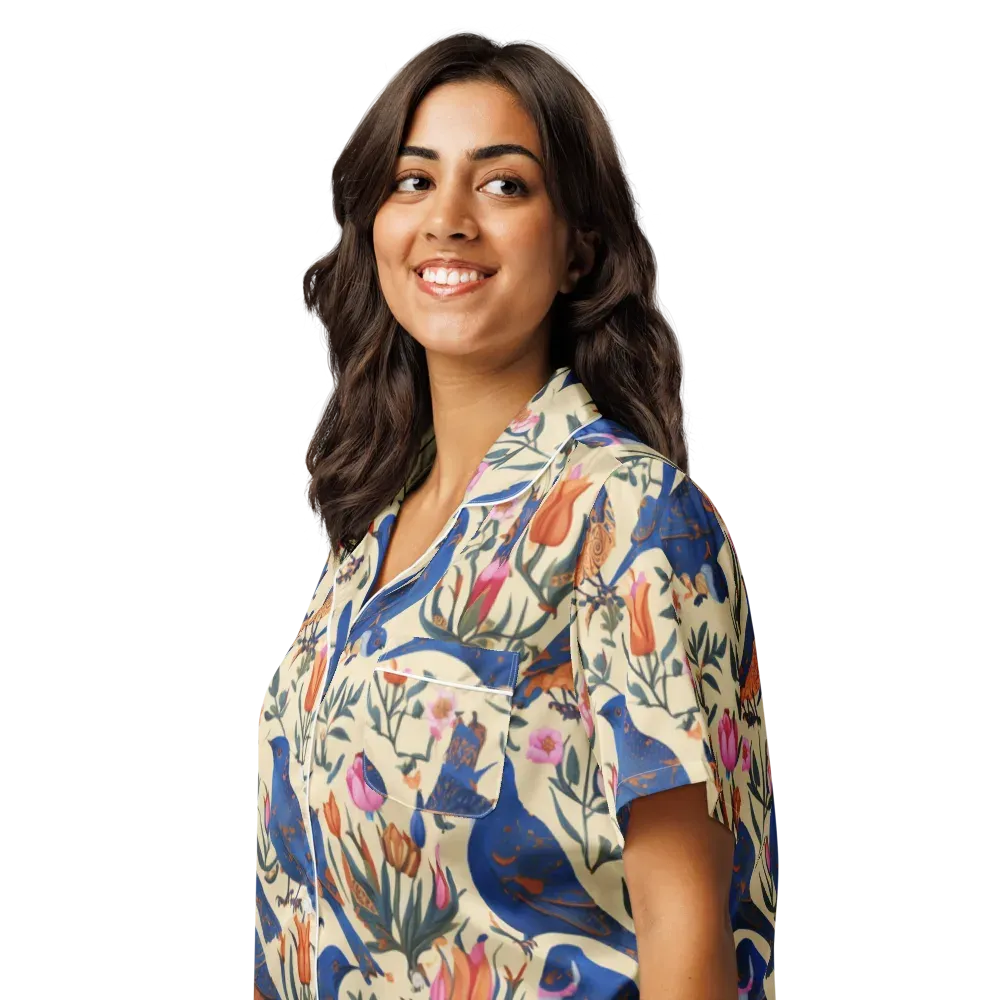 Cobalt Songbirds on Women's Short Sleeve Pajama Top — Left Front