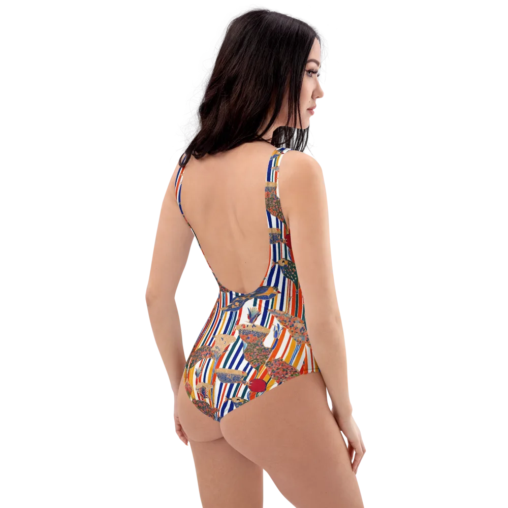 Ornamental Aviary on One-Piece Swimsuit — Right Back