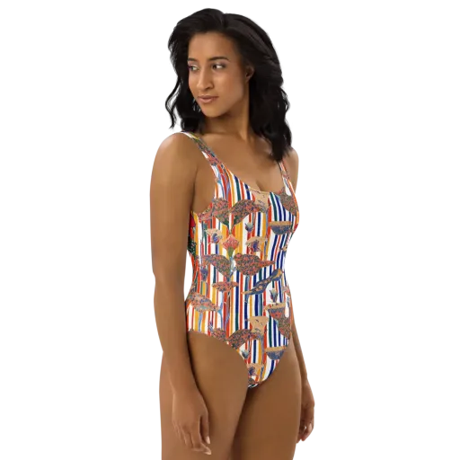 Ornamental Aviary on a One-Piece Swimsuit