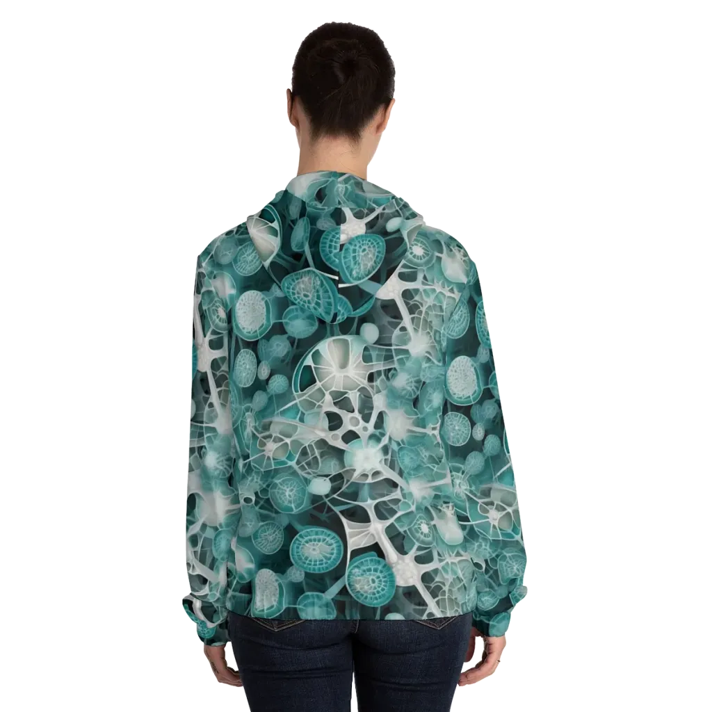 Aqua Neural Bloom on Women's Full-Zip Hoodie — Back On Person