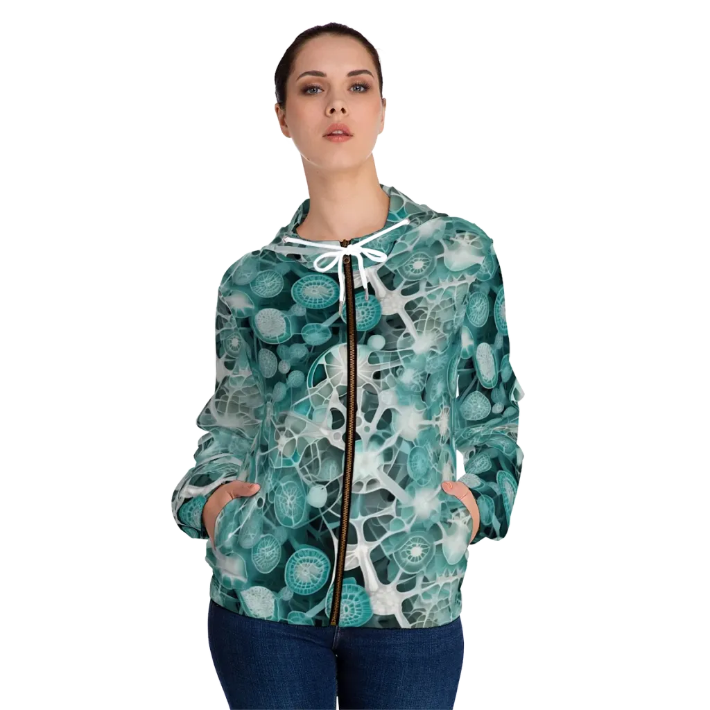 Aqua Neural Bloom on Women's Full-Zip Hoodie — Front On Person