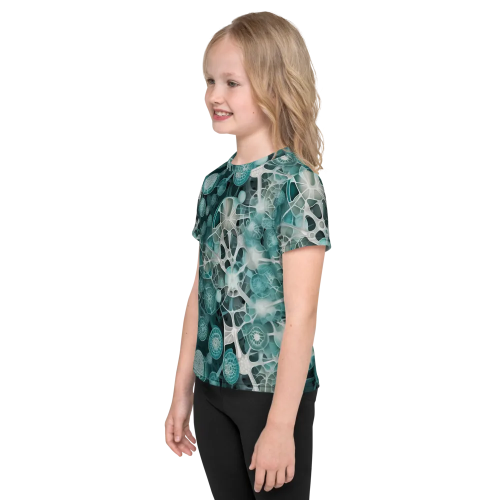 Aqua Neural Bloom on Kids Crew Neck T-Shirt — Left