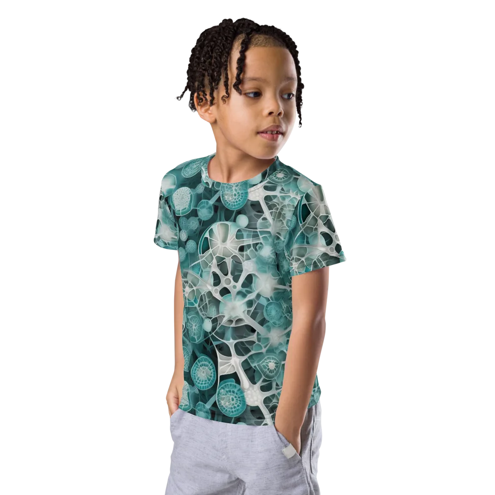 Aqua Neural Bloom on Kids Crew Neck T-Shirt — Left Front