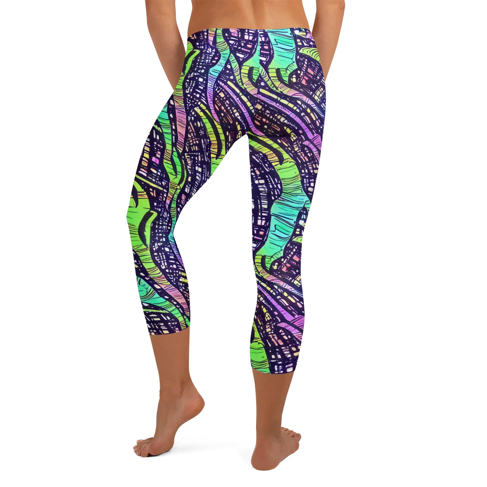 Neon Jungle Grid on Capri Leggings — Back
