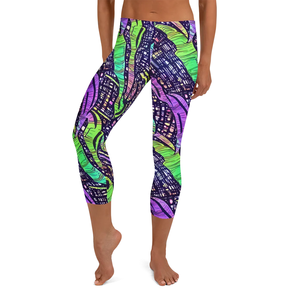 Neon Jungle Grid on Capri Leggings — Front