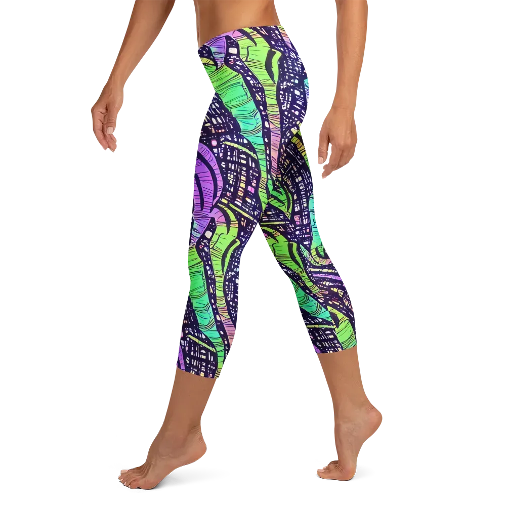 Neon Jungle Grid on Capri Leggings — Left