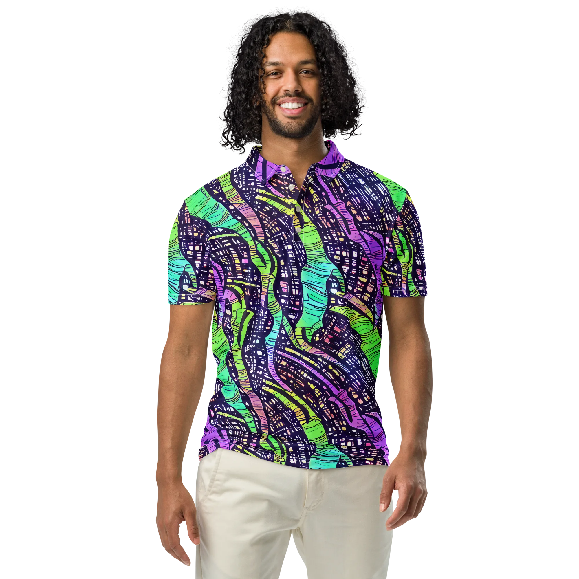 Neon Jungle Grid on Men's Slim Fit Polo Shirt — Front