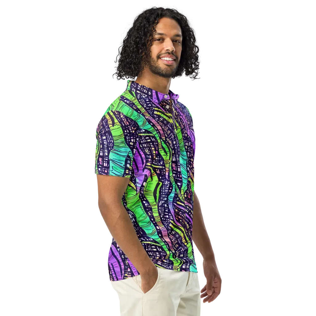 Neon Jungle Grid on Men's Slim Fit Polo Shirt — Right Front