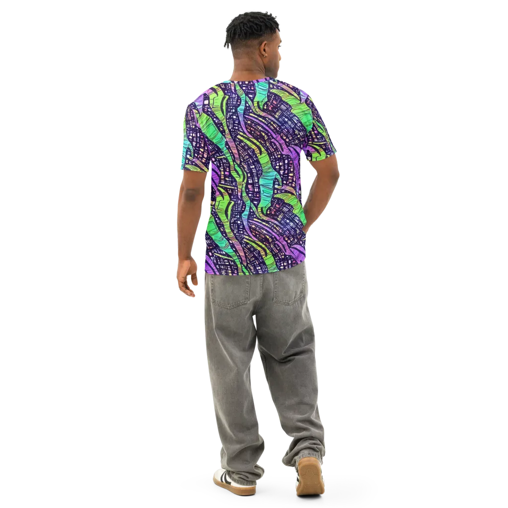 Neon Jungle Grid on Men's Cotton Crew Neck T-Shirt — Back