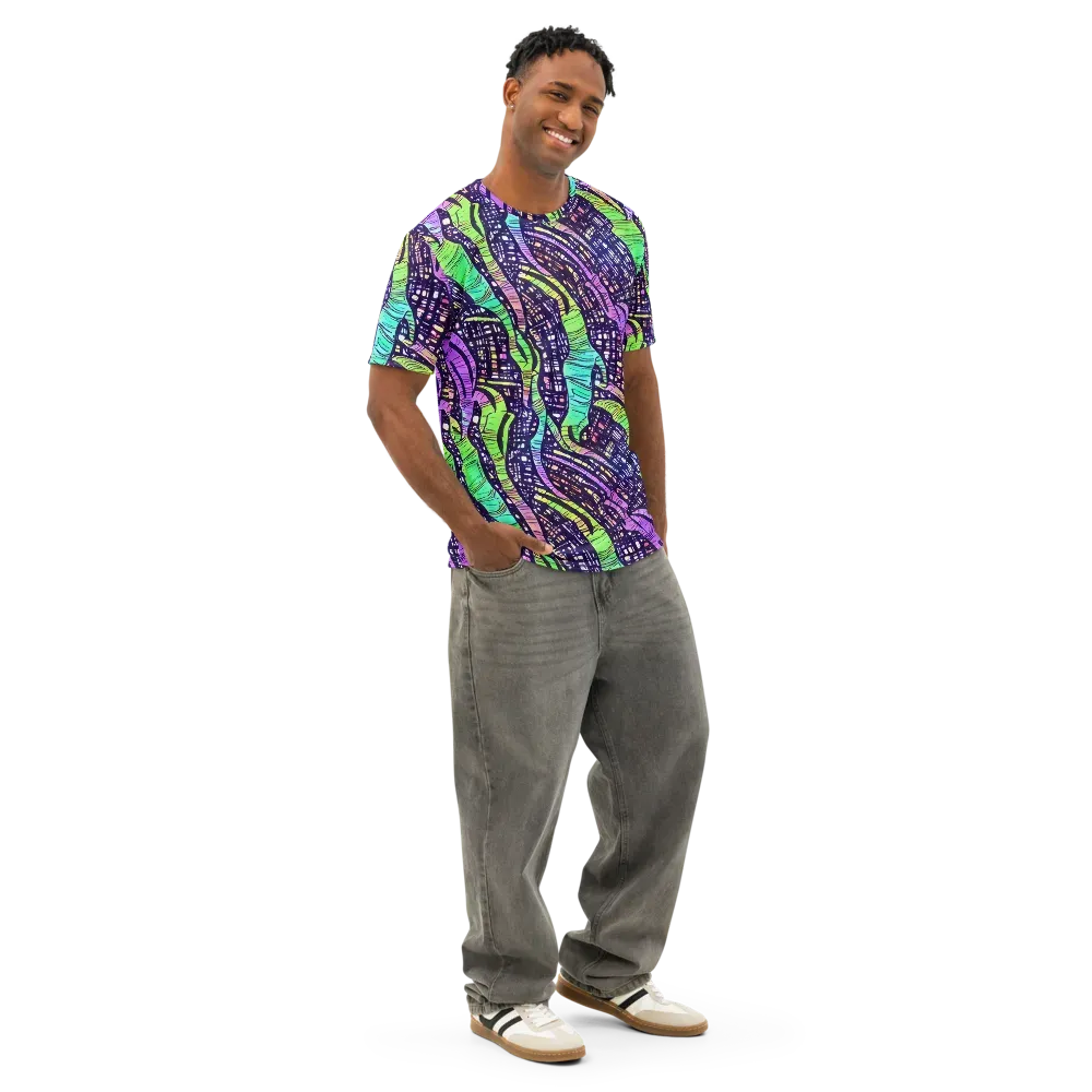 Neon Jungle Grid on Men's Cotton Crew Neck T-Shirt — Right Front