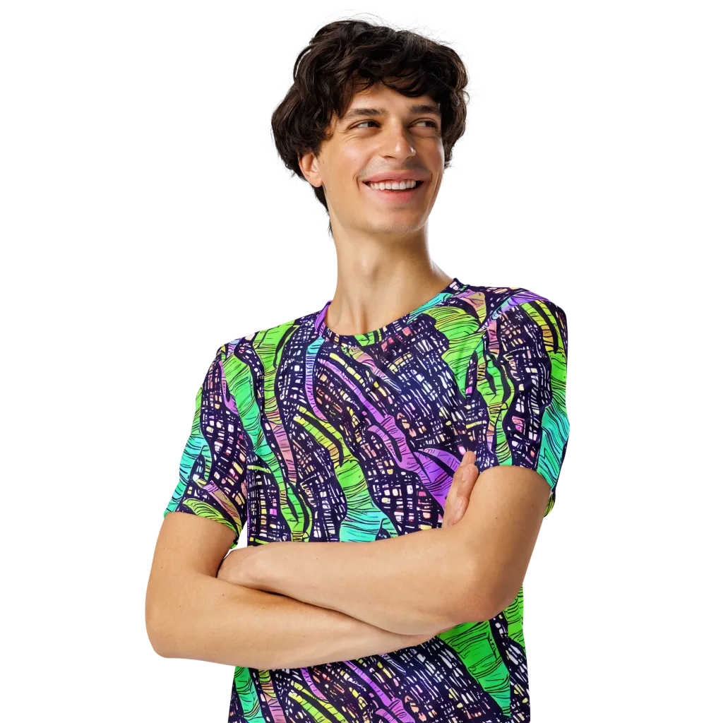 Neon Jungle Grid on Men's Crew Neck T-Shirt — Left Front