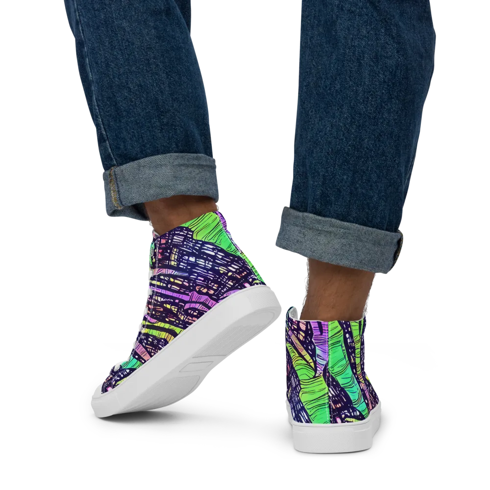 Neon Jungle Grid on Men's High Top Canvas Shoes — Back