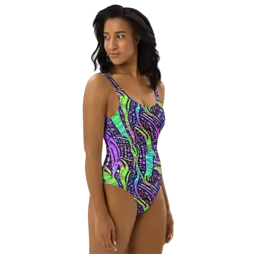 Neon Jungle Grid on a One-Piece Swimsuit