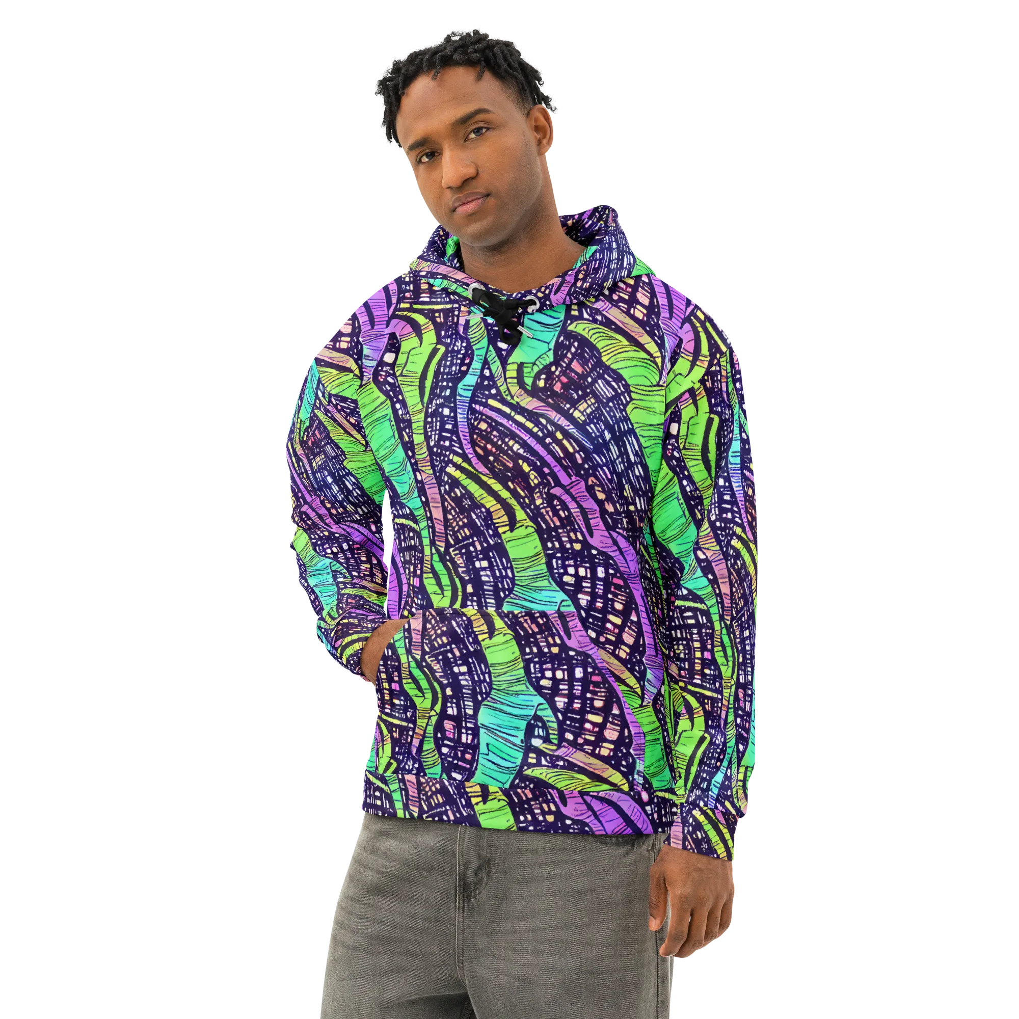 Neon Jungle Grid on Cotton Hoodie — Left Front