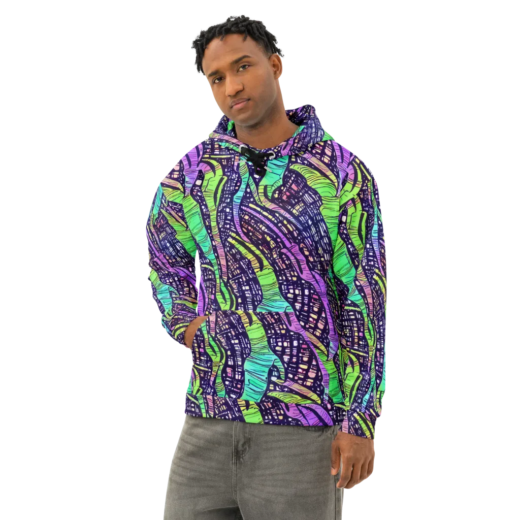 Neon Jungle Grid on Cotton Hoodie — Left Front