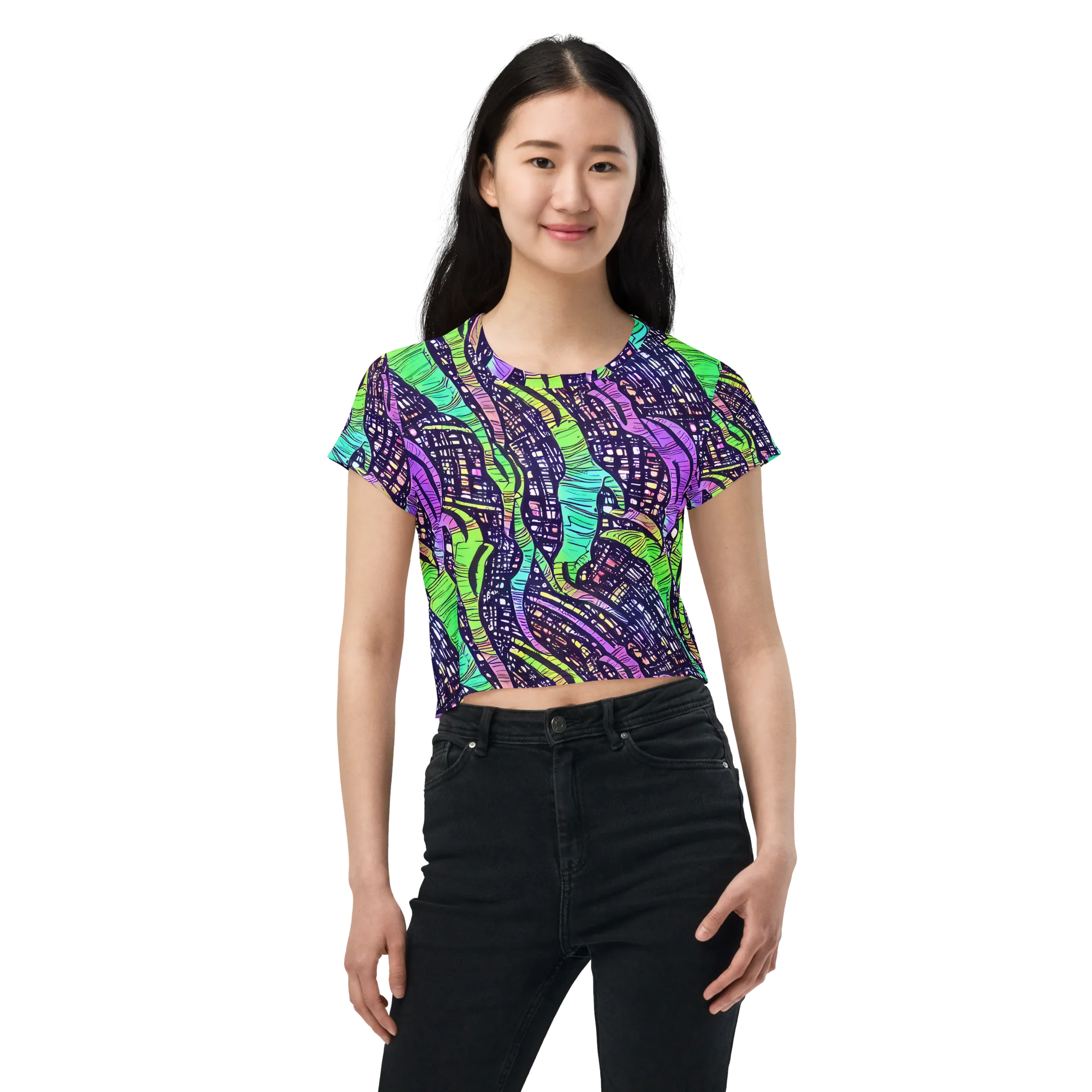 Neon Jungle Grid on Crop Tee — Front