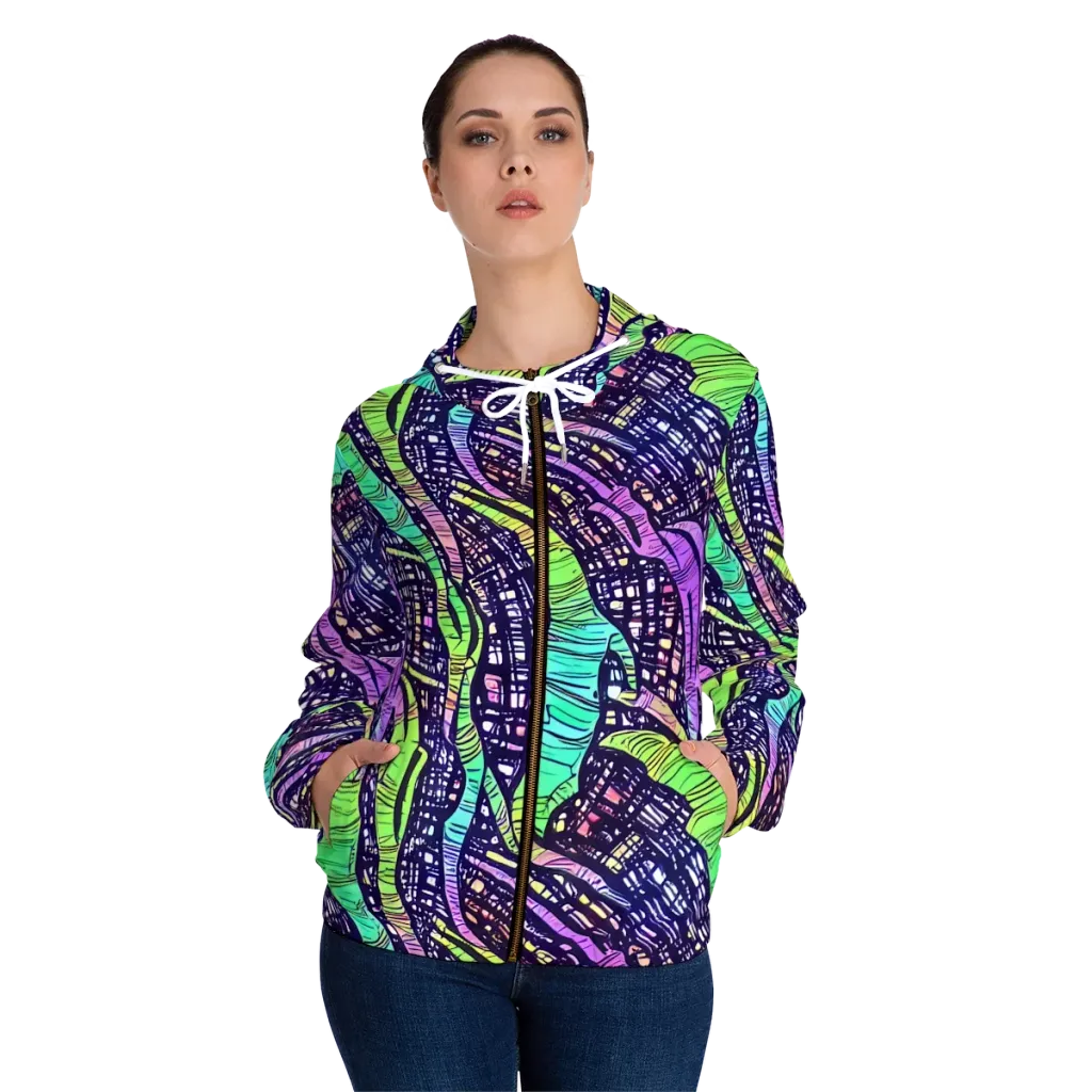 Neon Jungle Grid on Women's Full-Zip Hoodie — Front On Person