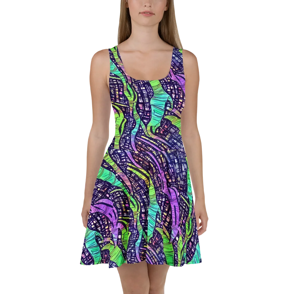 Neon Jungle Grid on Skater Dress — Front