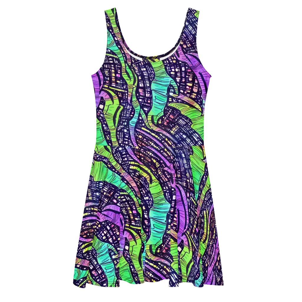 Neon Jungle Grid on Skater Dress — Front