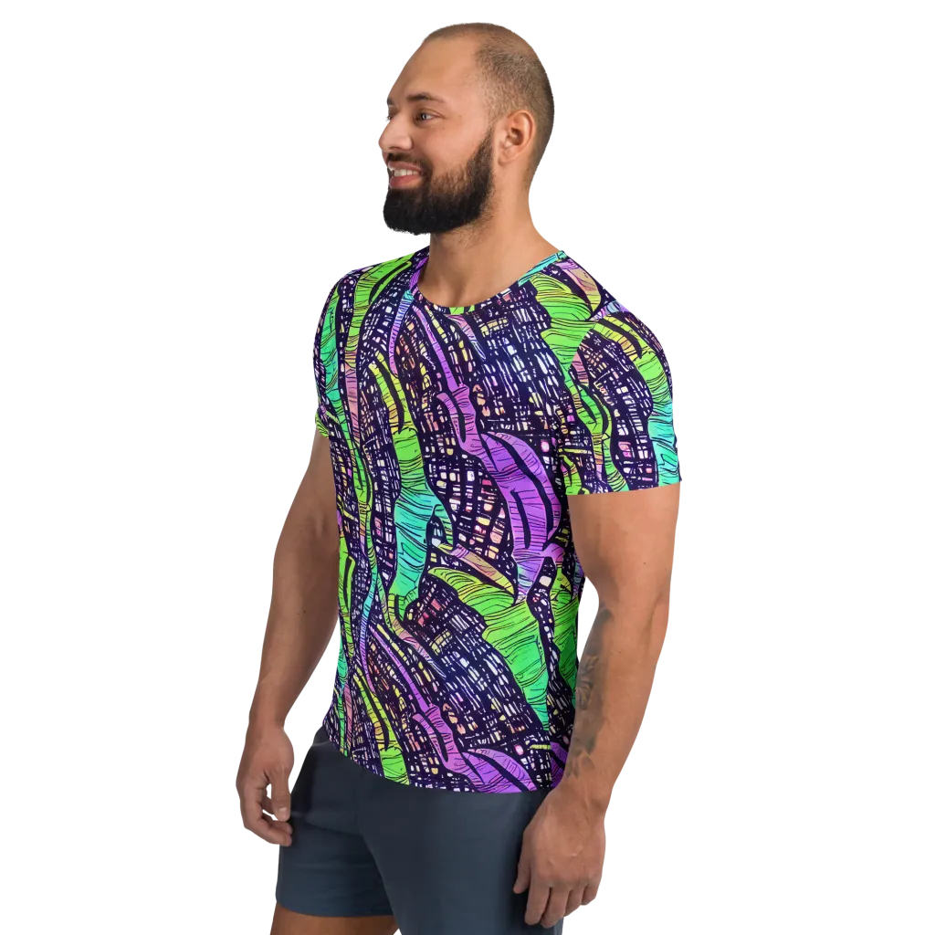 Neon Jungle Grid on Men's Athletic T-Shirt — Left