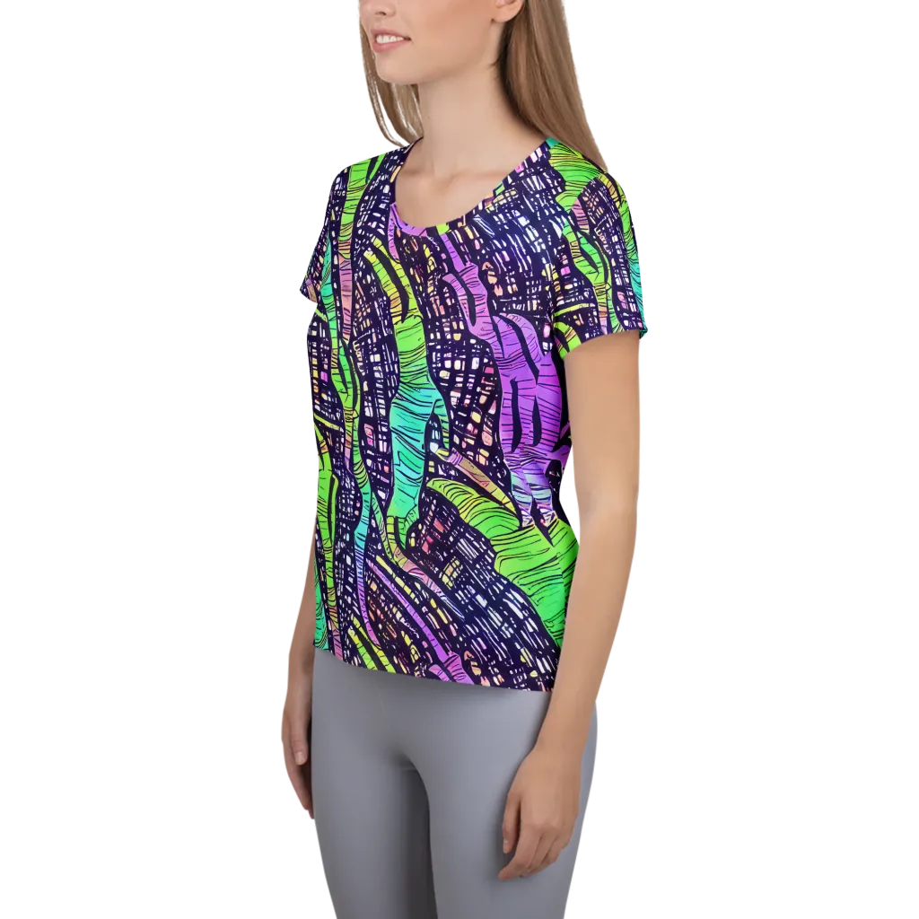 Neon Jungle Grid on Women's Athletic T-Shirt — Left