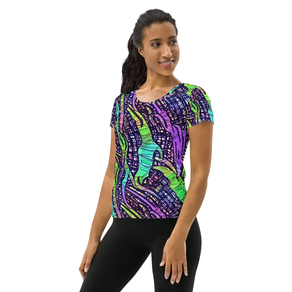 Neon Jungle Grid on Women's Athletic T-Shirt — Left