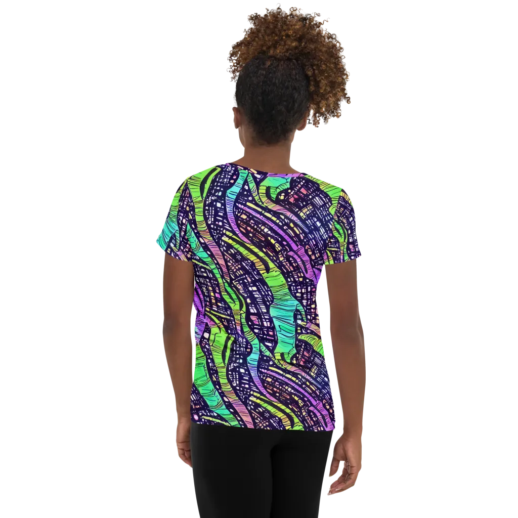 Neon Jungle Grid on Women's Athletic T-Shirt — Back