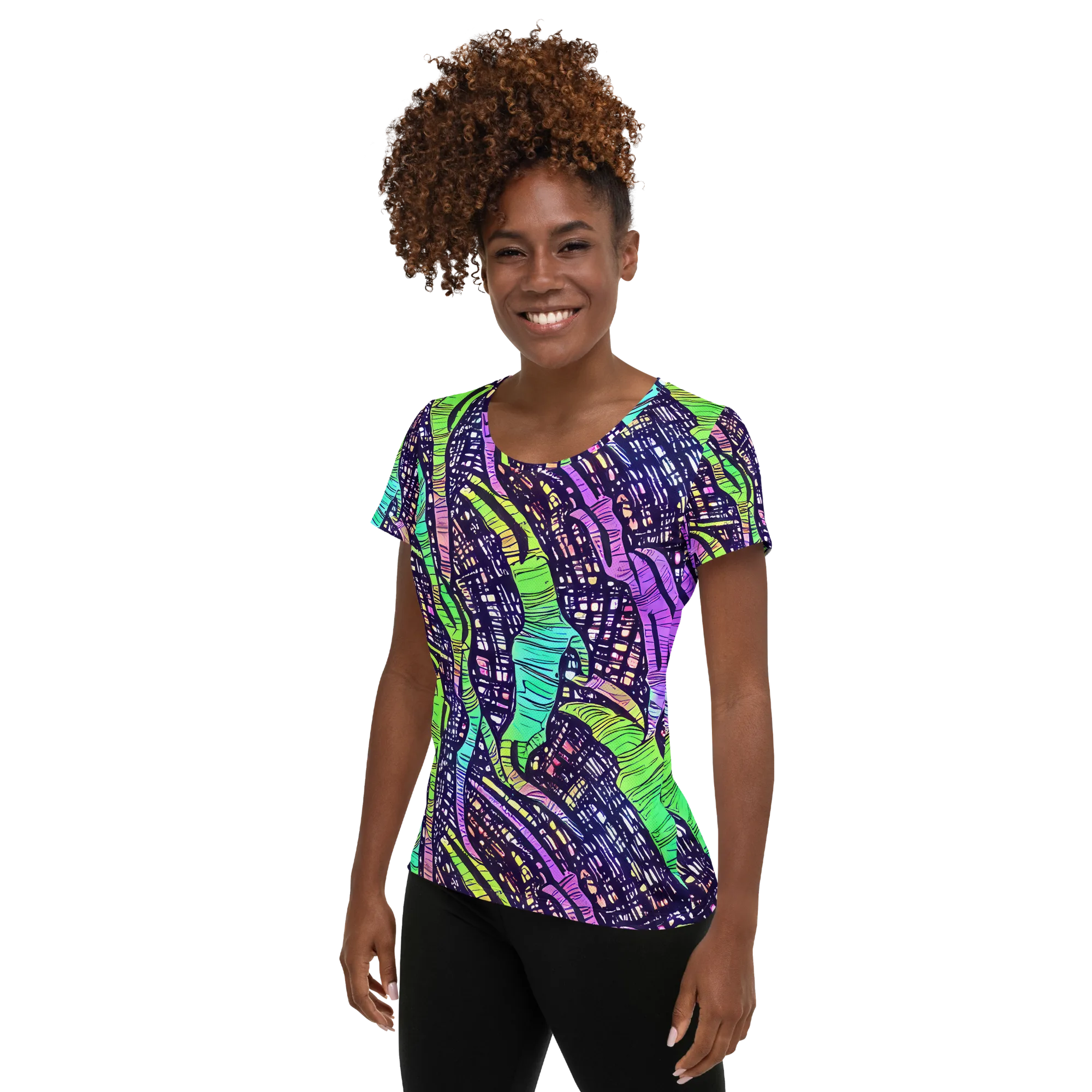 Neon Jungle Grid on Women's Athletic T-Shirt — Left