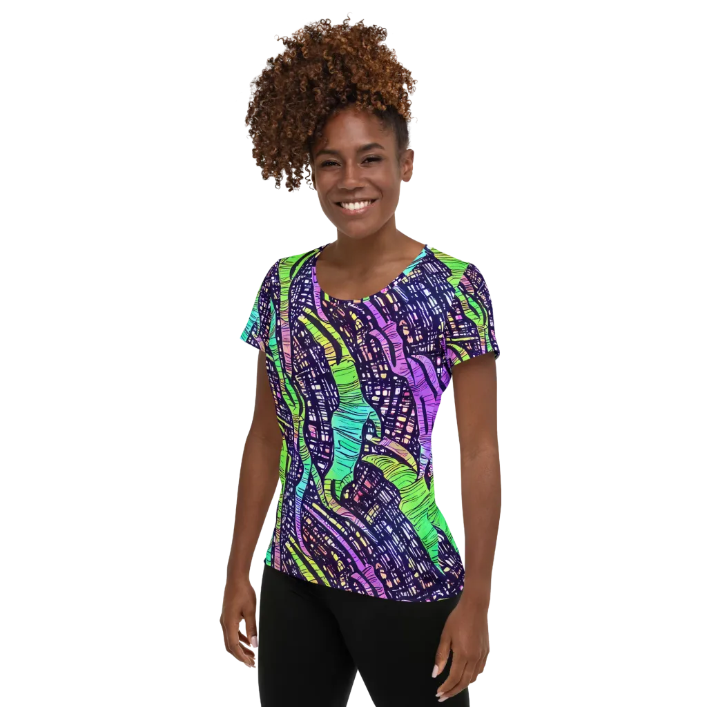 Neon Jungle Grid on Women's Athletic T-Shirt — Left