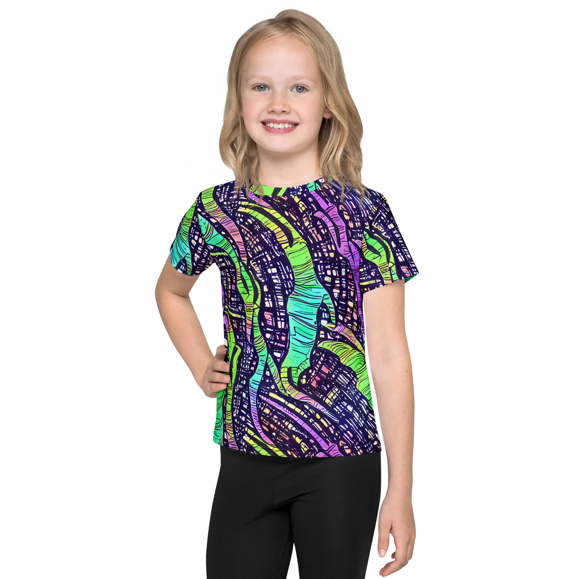 Neon Jungle Grid on Kids Crew Neck T-Shirt — Front