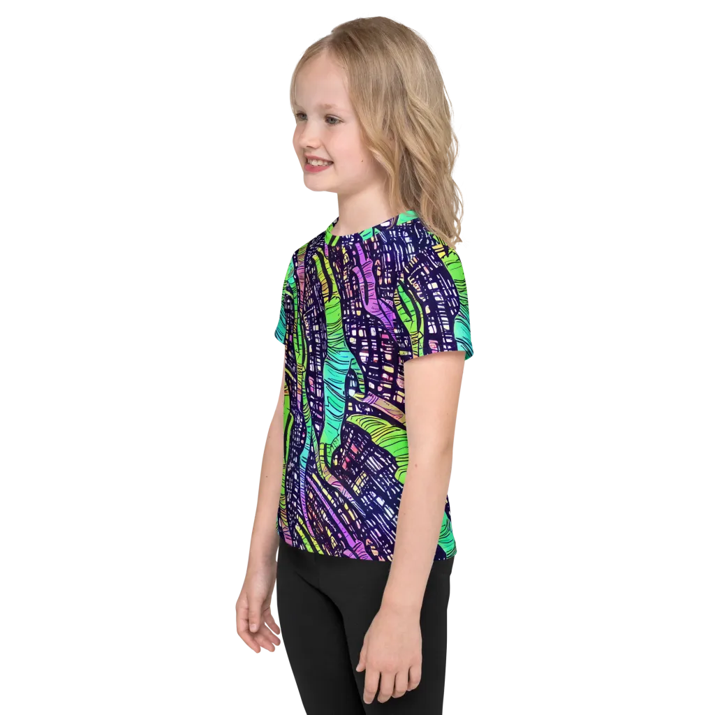 Neon Jungle Grid on Kids Crew Neck T-Shirt — Left