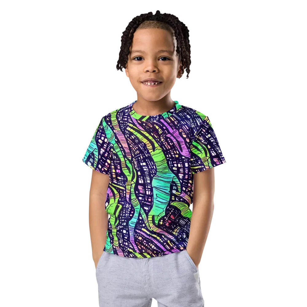 Neon Jungle Grid on Kids Crew Neck T-Shirt — Front
