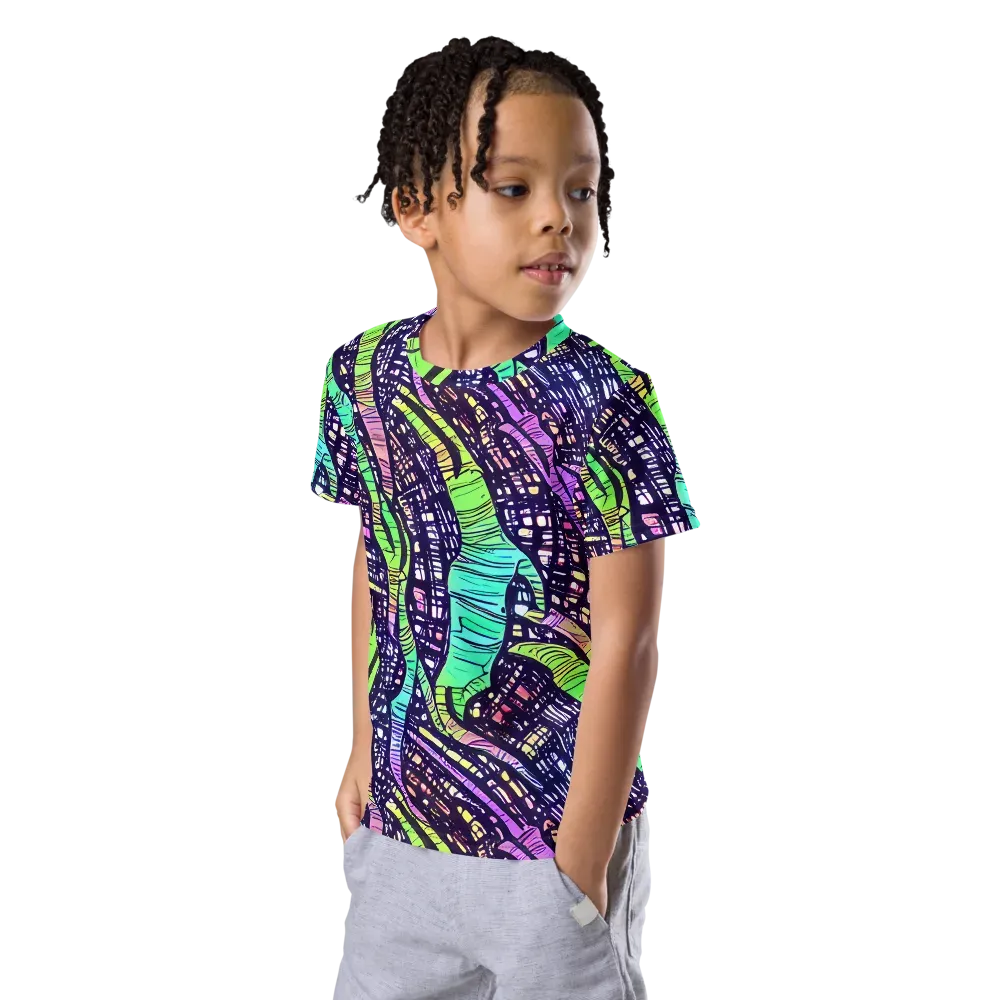 Neon Jungle Grid on Kids Crew Neck T-Shirt — Left Front